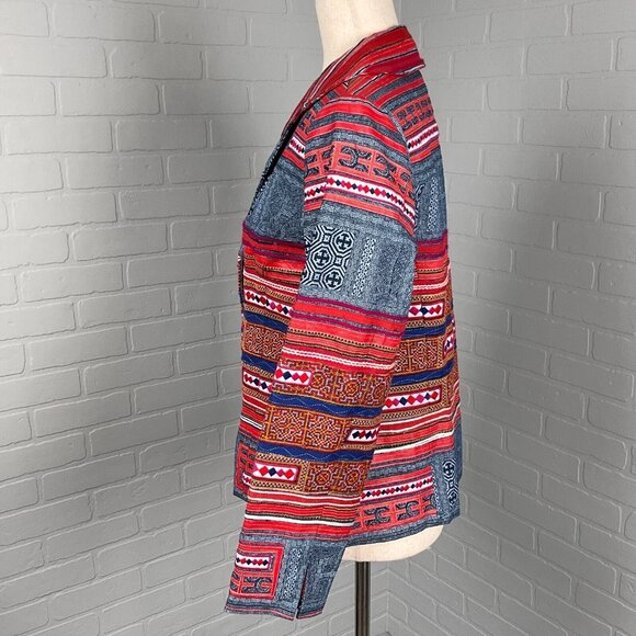 Coldwater Creek Jacket Women 8 Petite Red Blue Geometric Stripe Boho Diamond - Picture 3 of 11